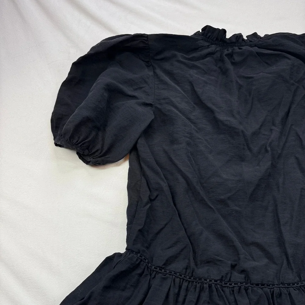 Zara Black Puff Sleeve Ruffle Neck Mini Dress Dropped Waist Medium